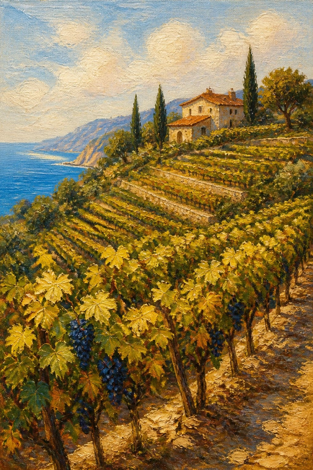 Terraced hillside vineyard with grapevines, stone house overlooking blue sea and mountains.
