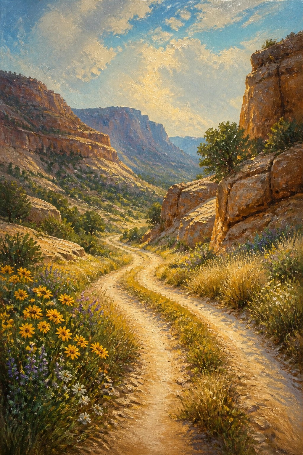 Winding dirt path through rocky canyon with yellow wildflowers and cliffs