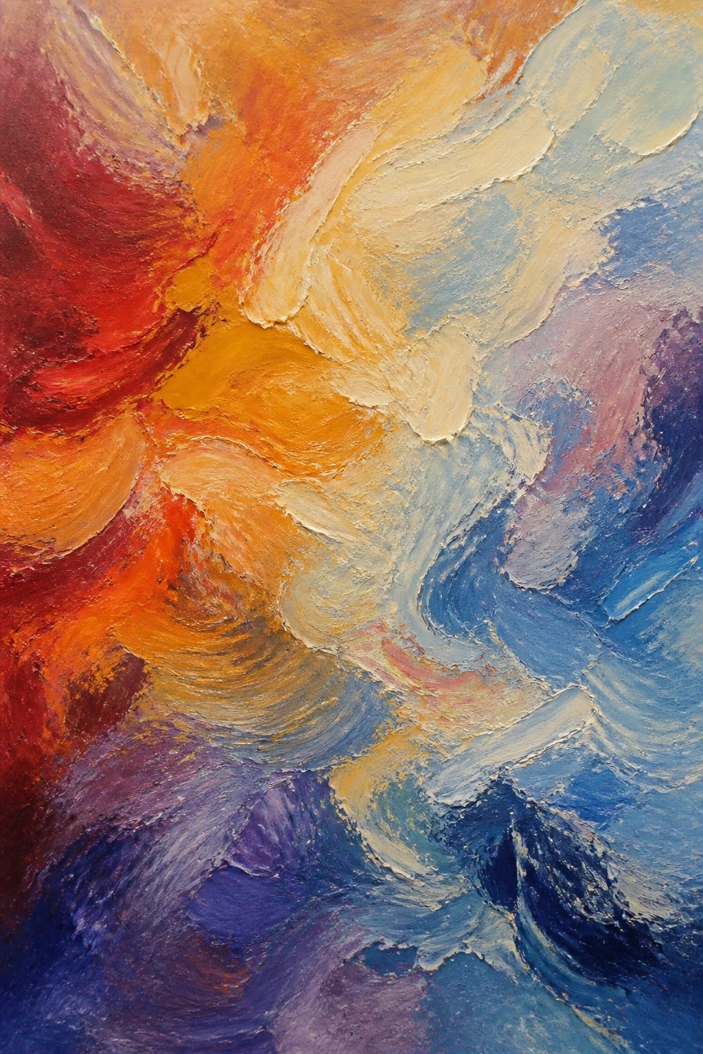 An abstract oil painting filled with thick swirling brushstrokes of red, orange, yellow, blue, and purple paint.