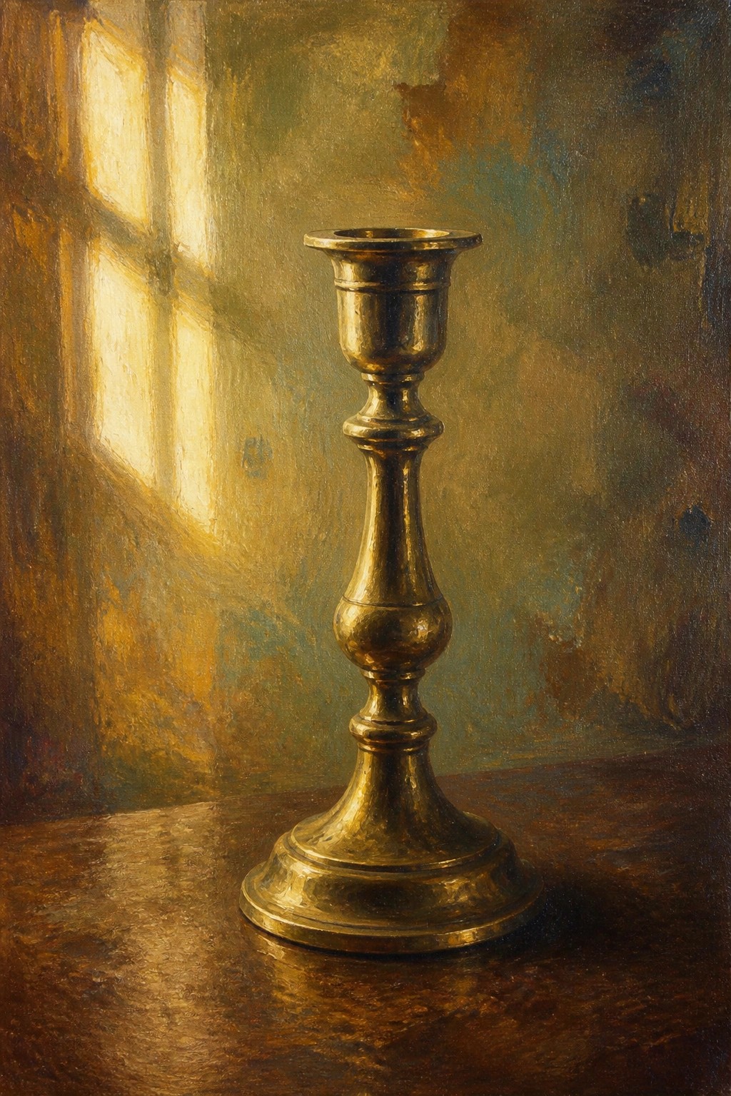 Polished brass candlestick on wooden table with sunlight from window