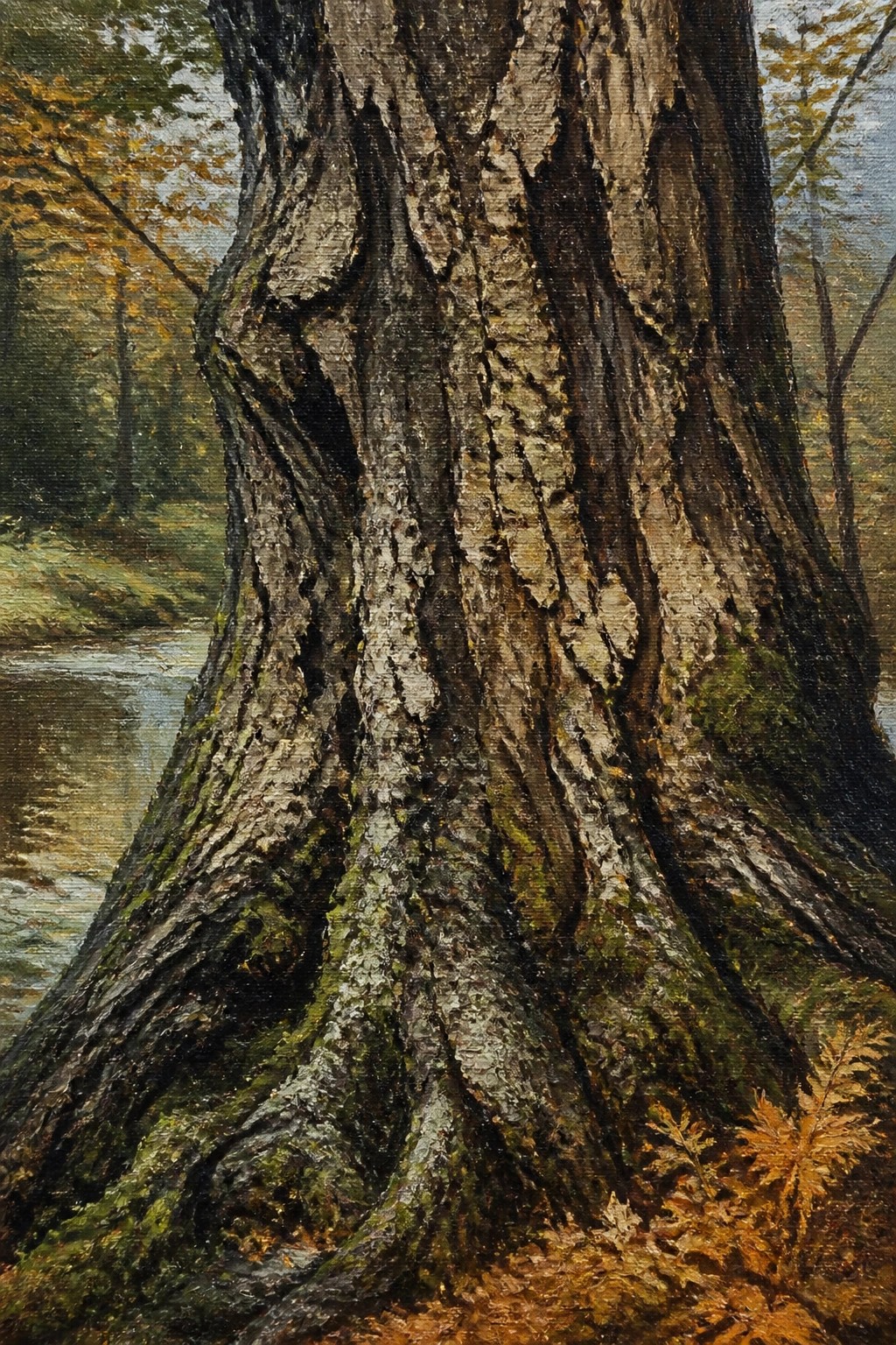 Close-up oil painting of a large tree trunk showing detailed bark, moss, and roots beside a forest stream.