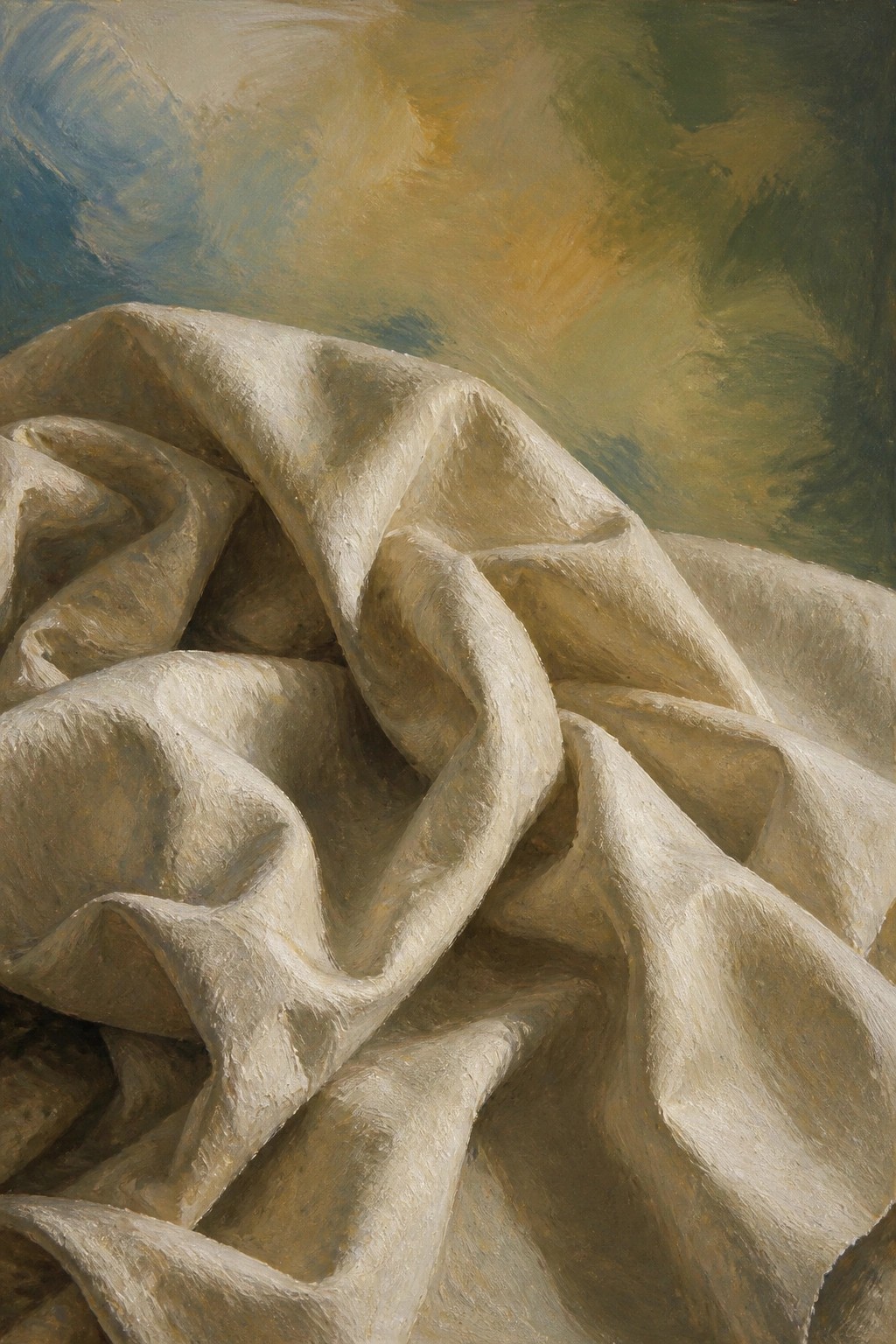 Draped off-white fabric with voluminous folds against a painterly abstract background.