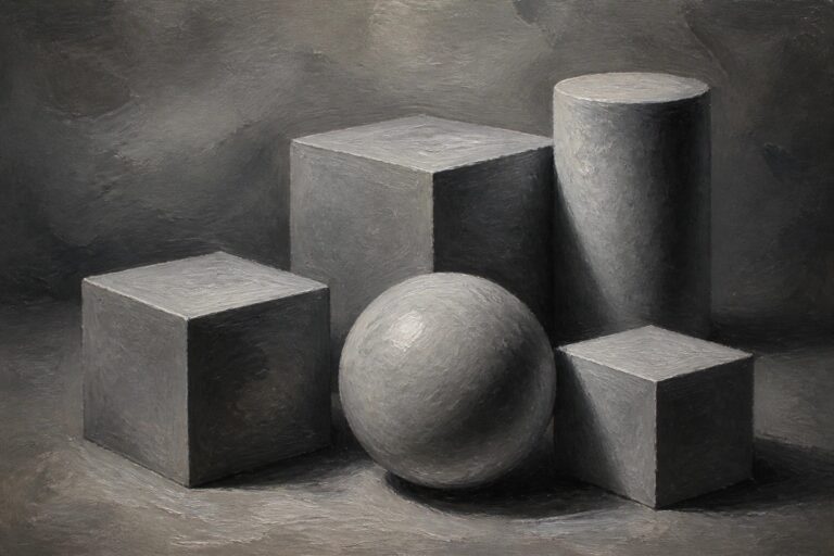 Grayscale still life of cubes, cylinder, and sphere in dramatic lighting.