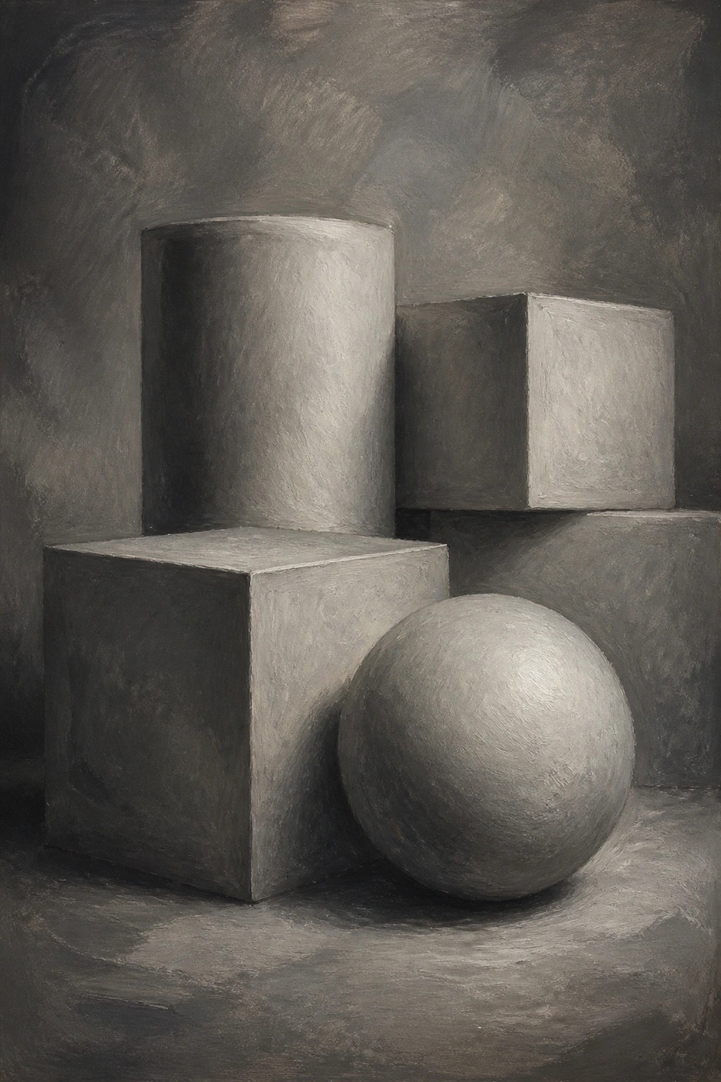 Grayscale still life of cubes, cylinder, and sphere in dramatic lighting.