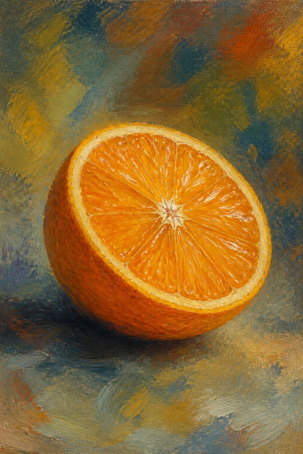 Halved orange with juicy segments on textured multicolored background