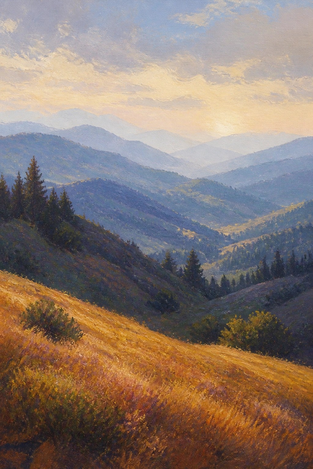 An oil painting of rolling hills with scattered trees and distant hazy mountains under a golden sunset sky.