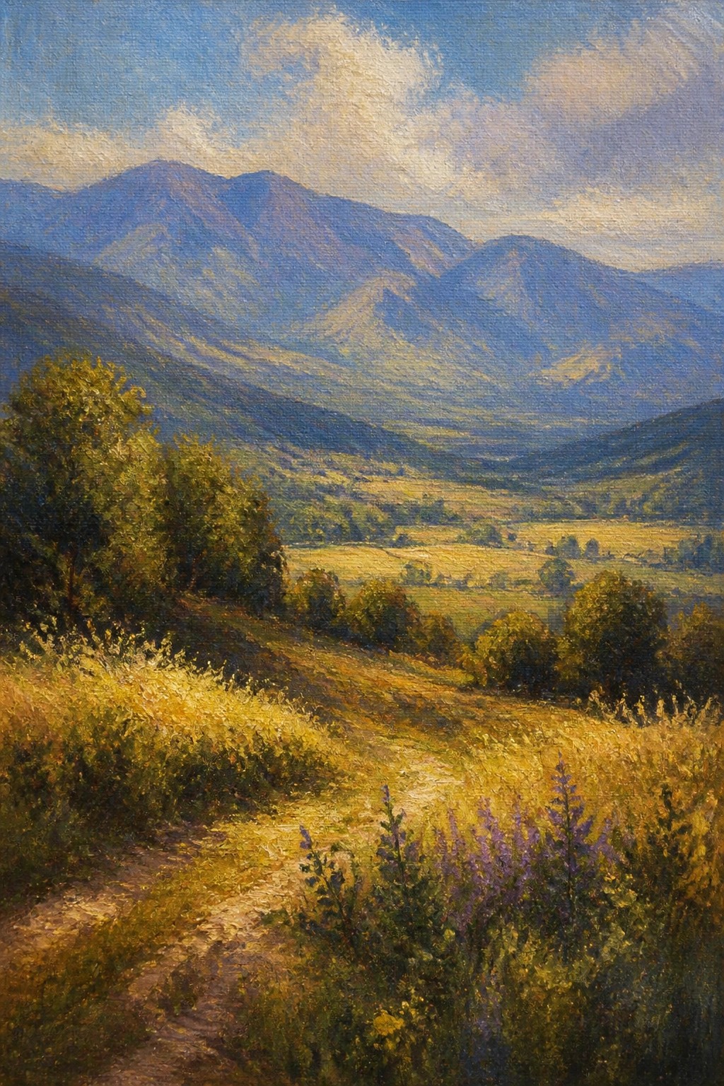 Sunlit dirt path winds through wildflowers toward golden valley and blue mountains