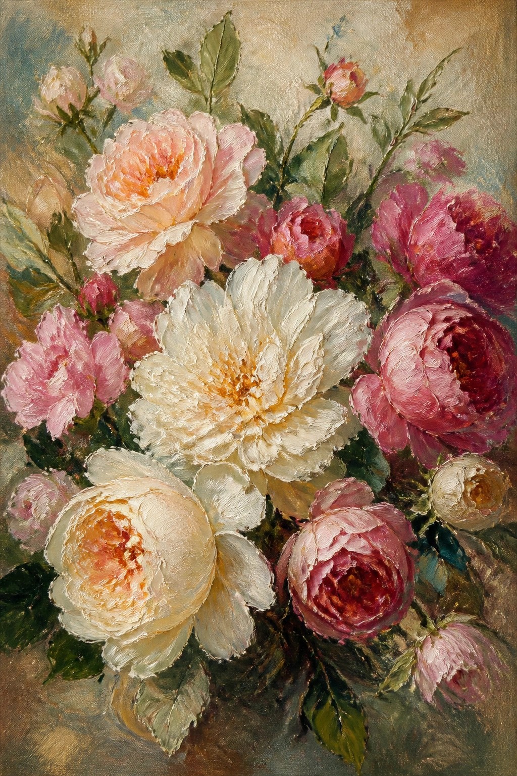 Textured oil painting of blooming white, pink, and magenta roses with green leaves.