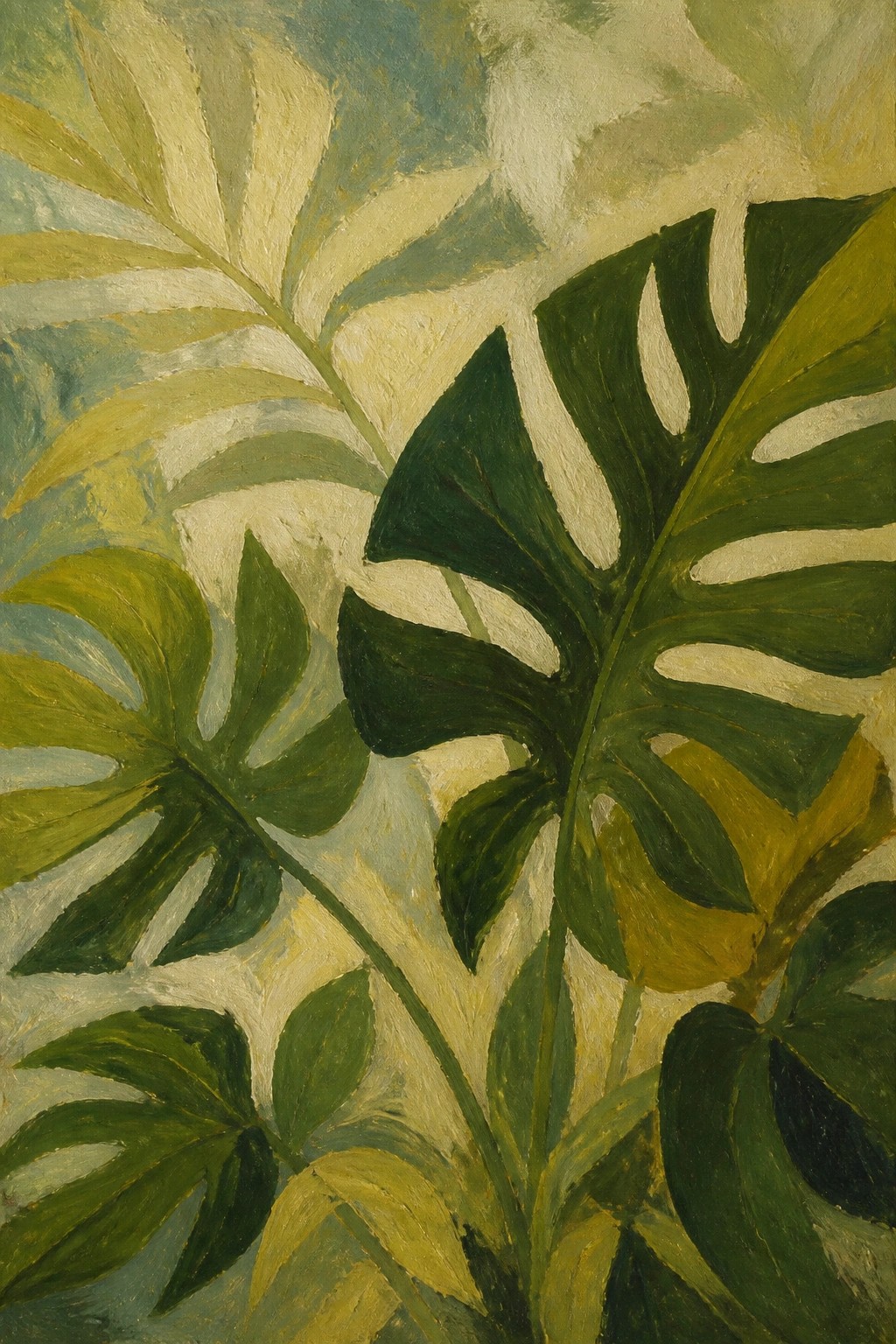 Vibrant painting of overlapping monstera leaves in green, yellow, and blue tones