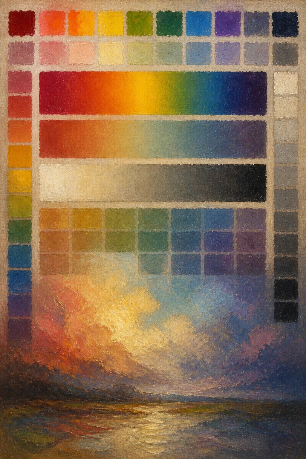 An oil painting with rows of color swatches and horizontal gradient bands above a sunset landscape over water.
