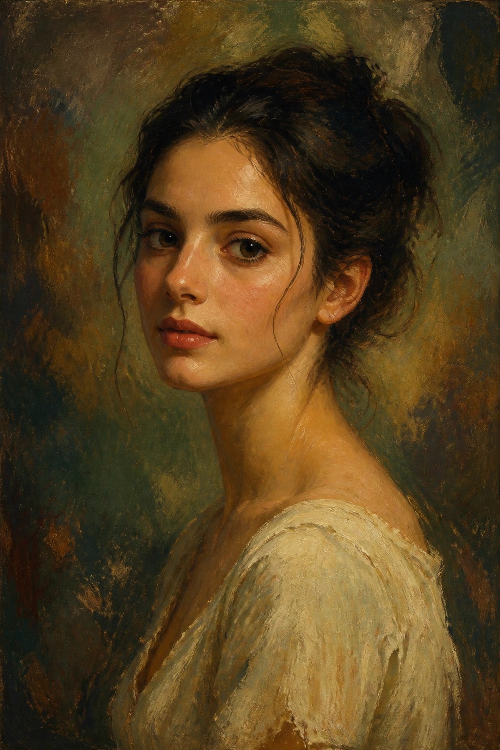 Dark-haired woman in off-shoulder white blouse gazes over her shoulder in earthy tones.