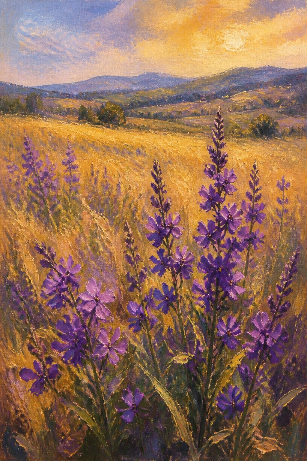 Purple wildflowers bloom in a golden field under a vibrant sunset sky with hills.