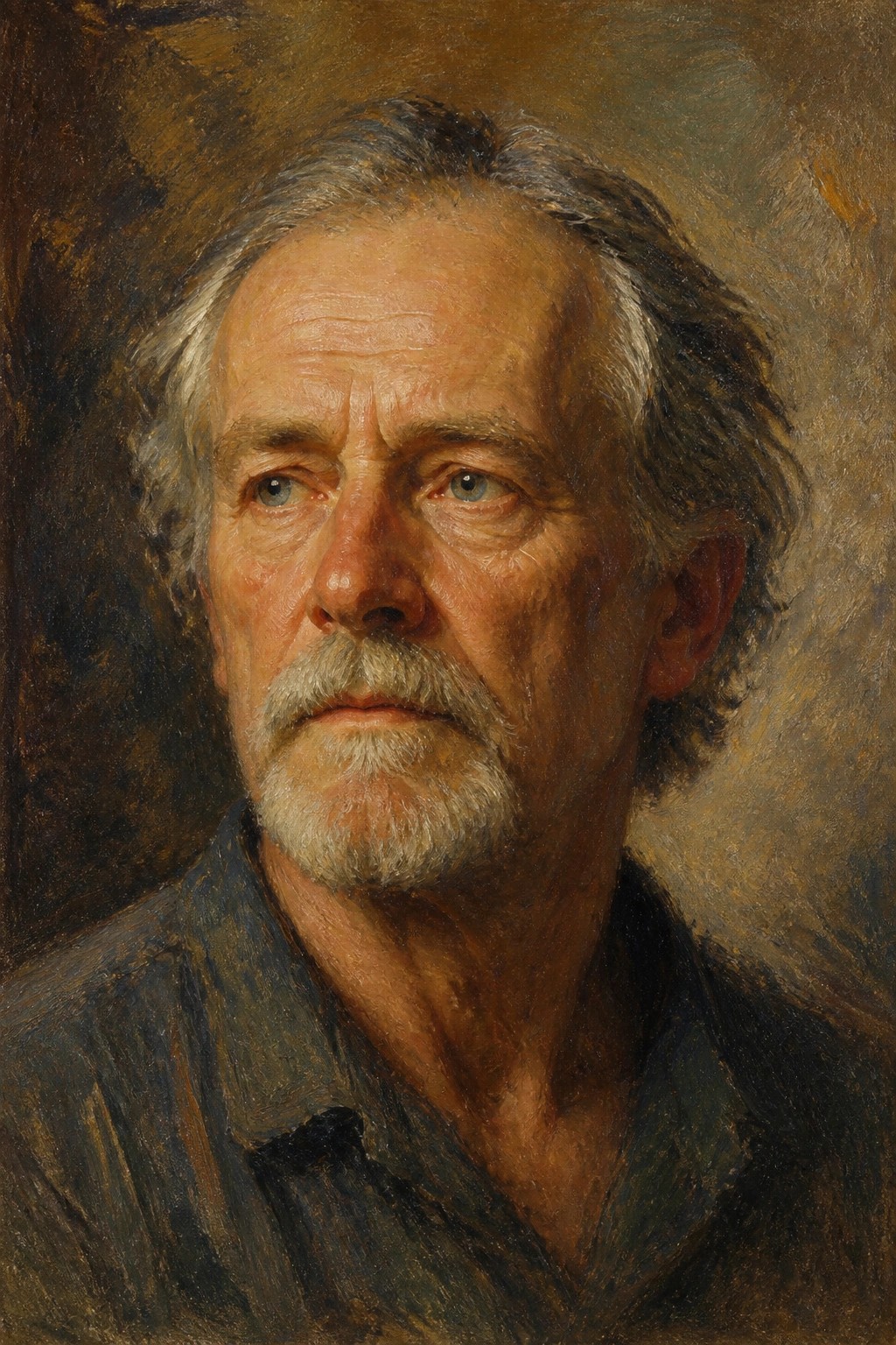 Realistic oil portrait of elderly man with gray hair, beard, and blue shirt
