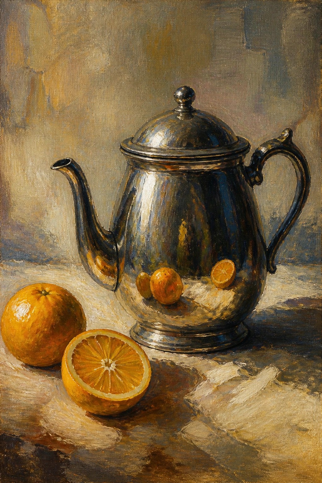 Still life painting of shiny silver teapot with whole and halved oranges.