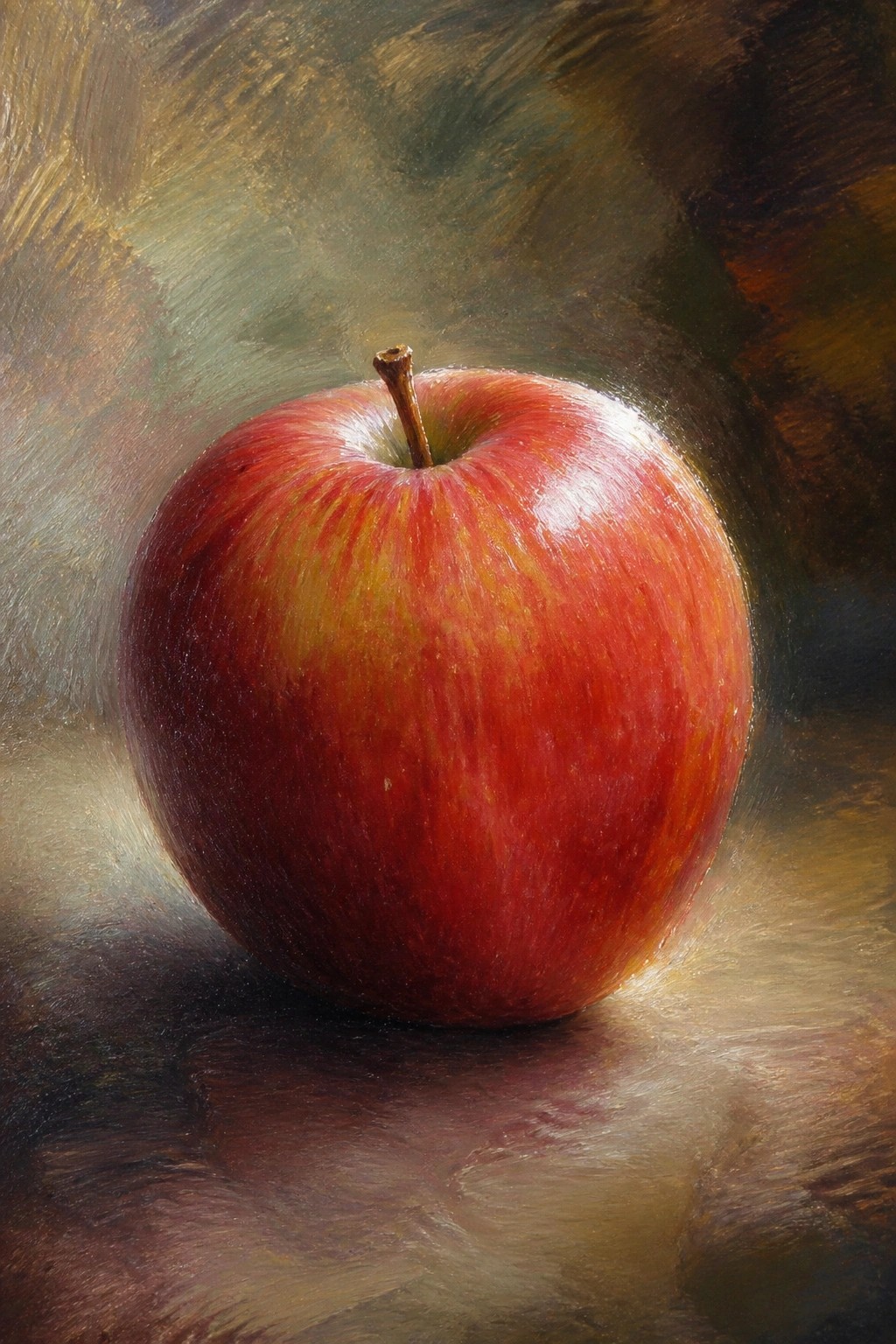 Glossy red apple with yellow streaks and stem on dark painted surface