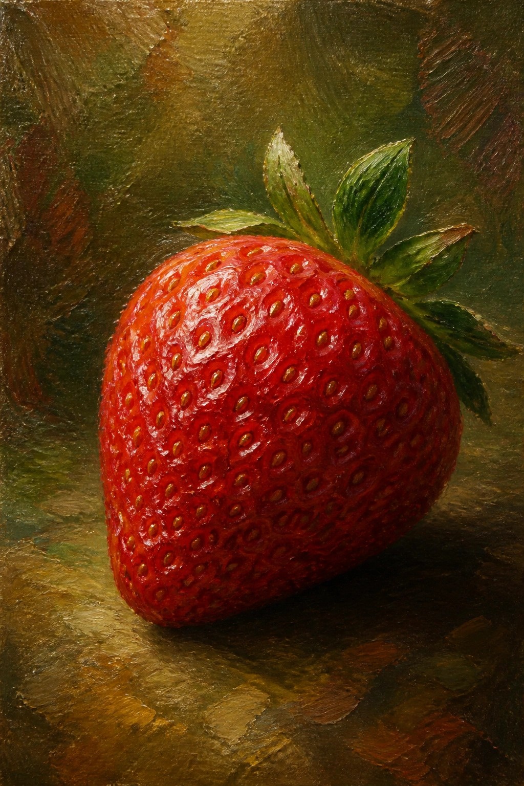 Realistic oil painting of glossy red strawberry with green leaves on dark background