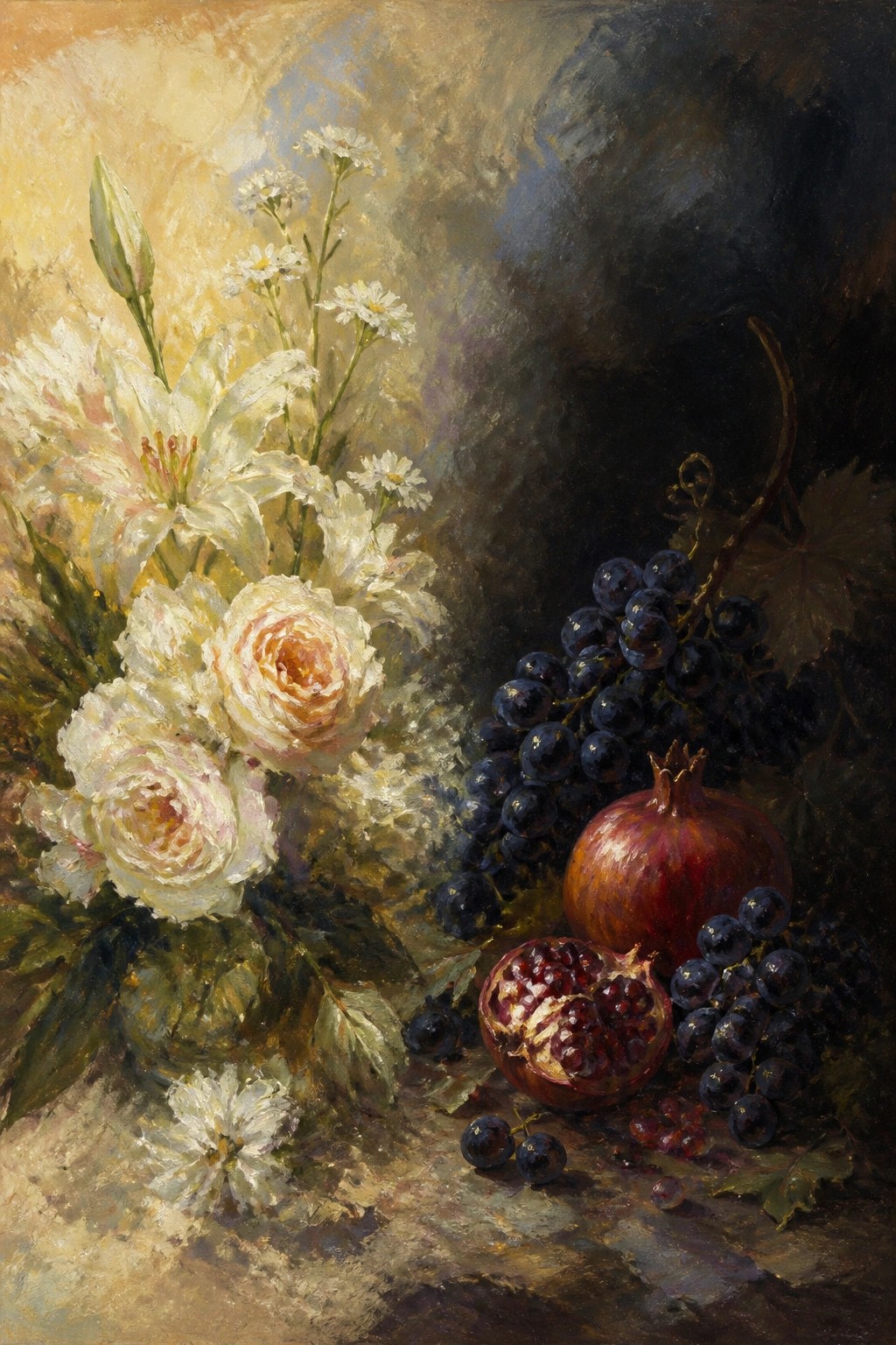 An oil painting shows white lilies and roses on the left next to dark grapes and a cut-open pomegranate on the right against a dark, textured background.