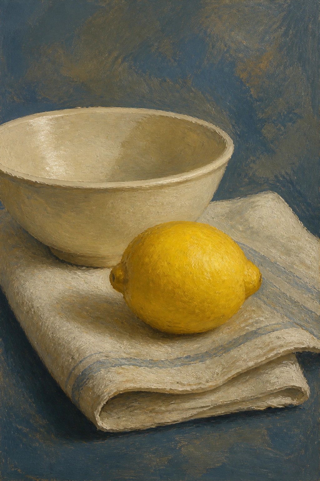 Yellow lemon on striped cloth beside beige bowl against dark blue background