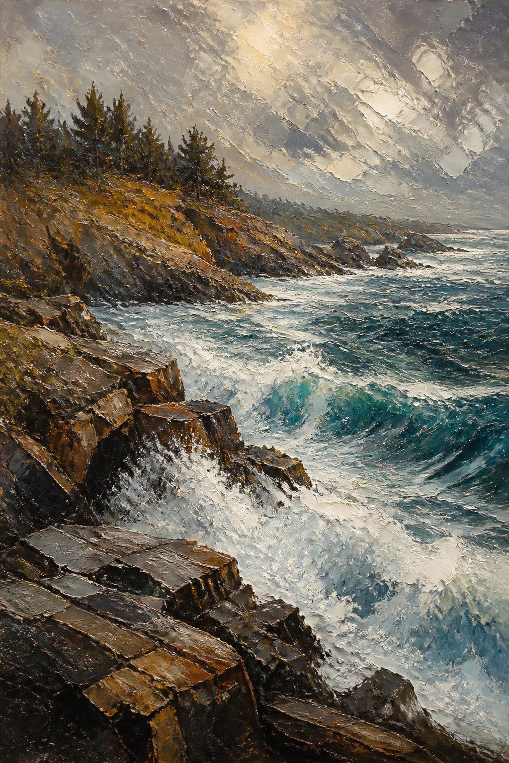 Thickly painted waves crashing against rocky cliffs beneath dramatic cloudy sky
