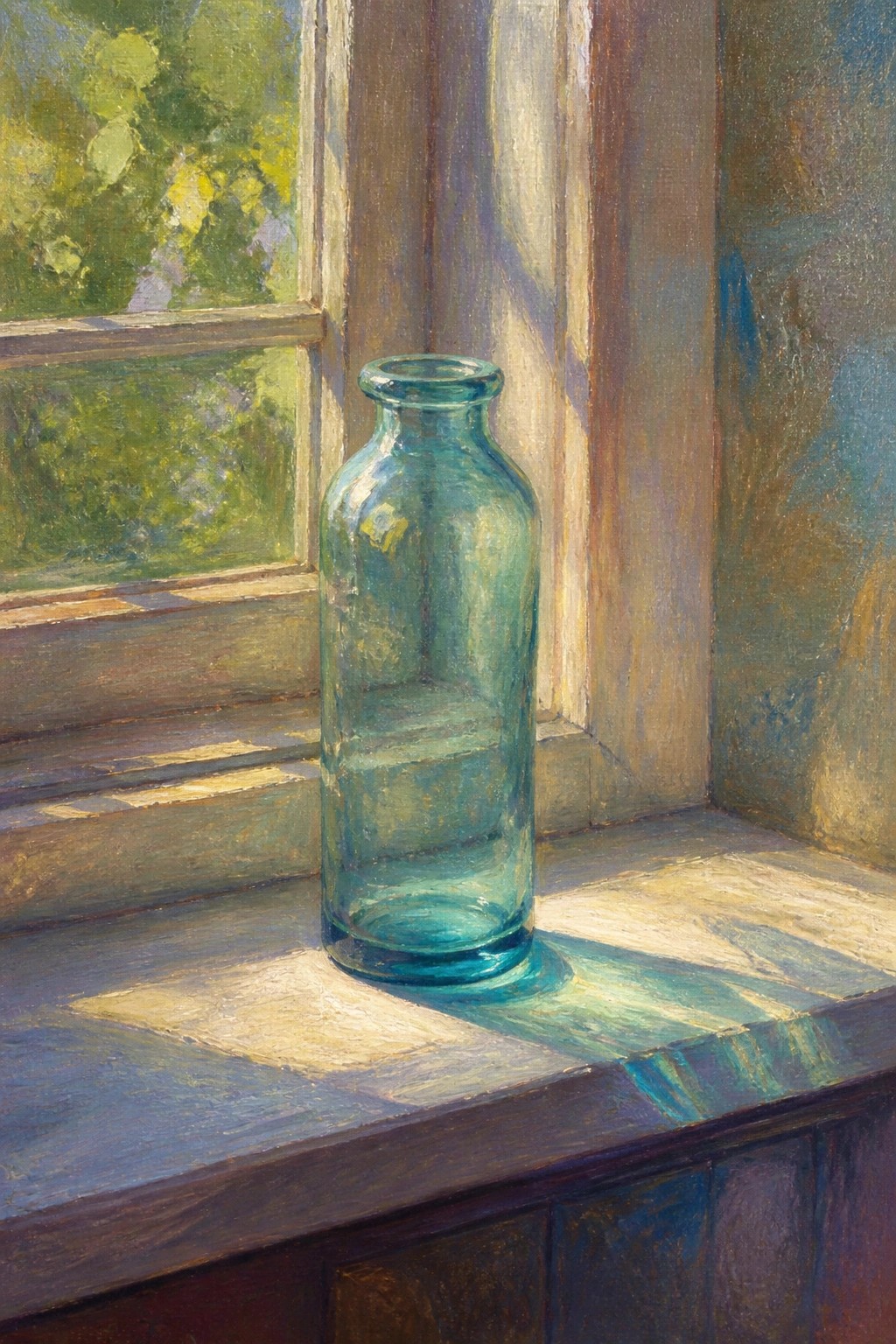 Sunlit green glass bottle on a wooden windowsill with foliage outside.