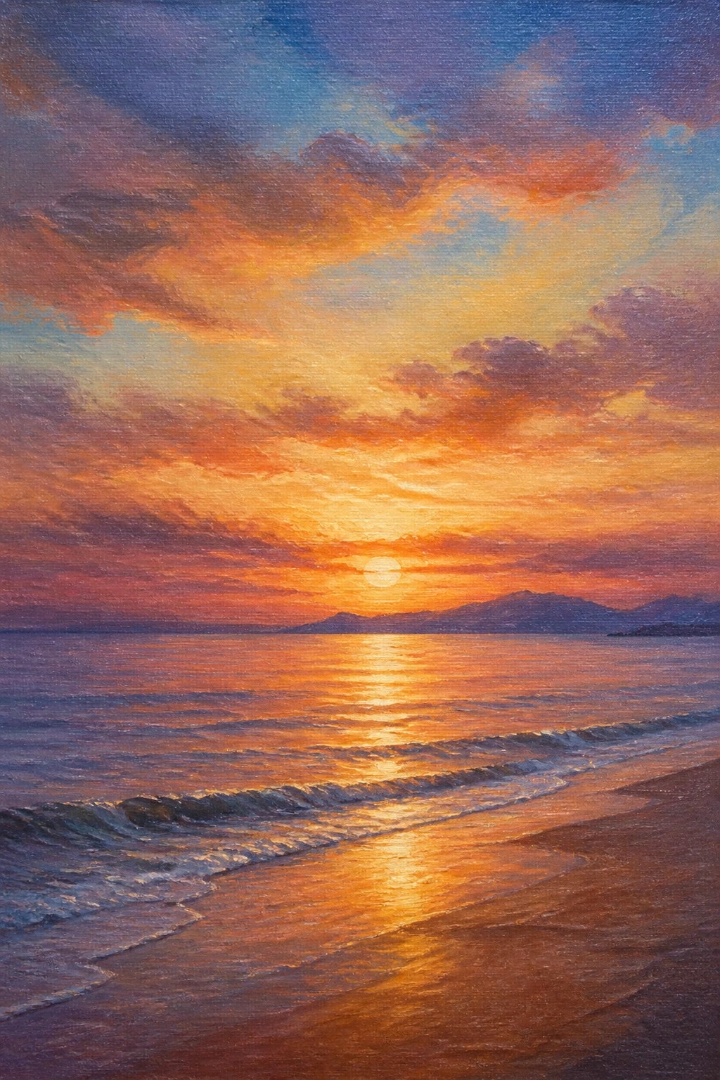 Vibrant sunset over ocean with golden sun reflections, gentle waves on sandy beach