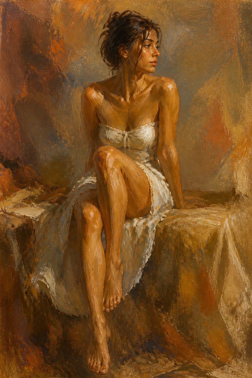 Woman in white top and skirt sitting barefoot in warm-toned oil painting.