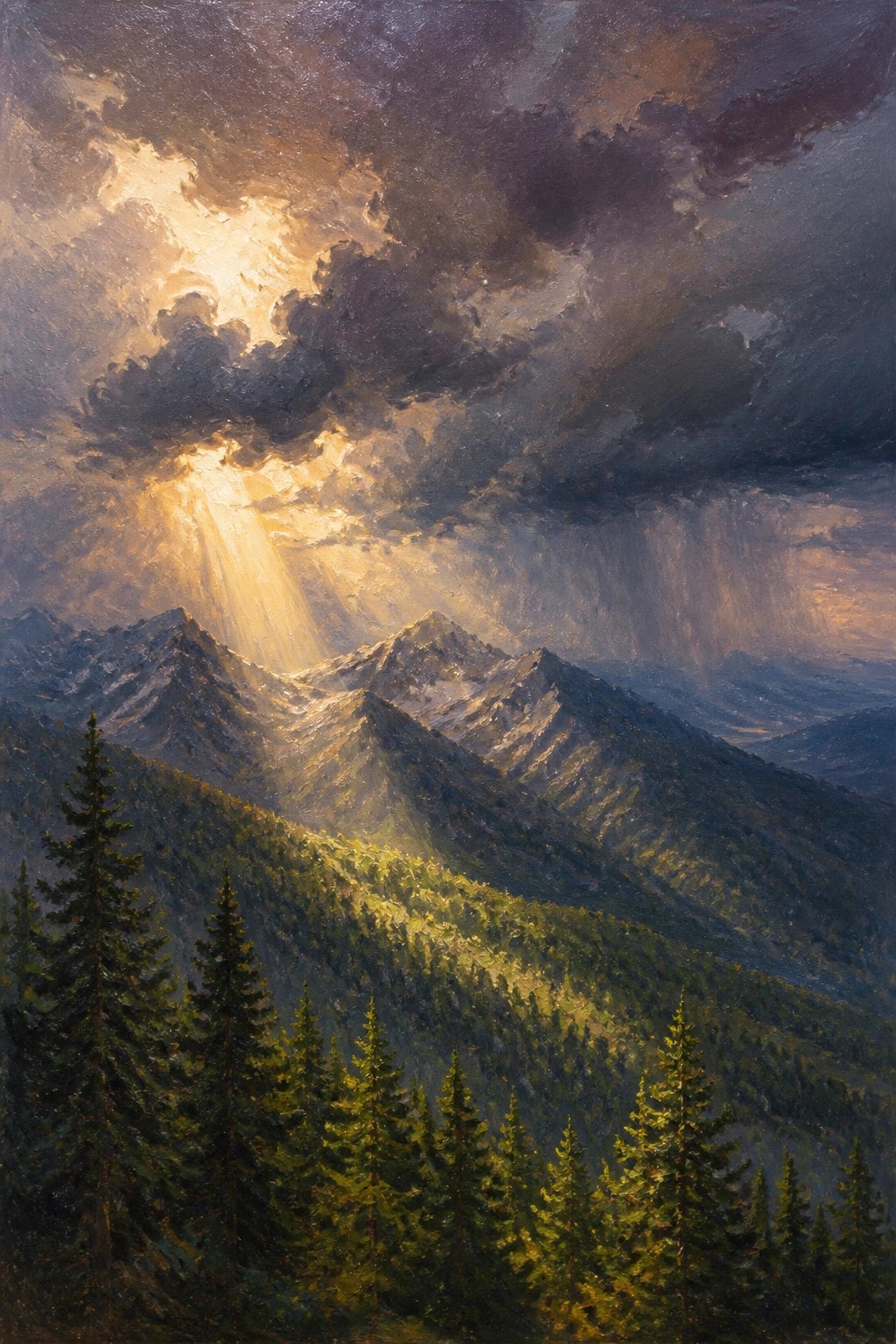 An oil painting of a mountain range with bright sunlight rays breaking through dark storm clouds onto snow-capped peaks, and dense evergreen trees in the foreground.