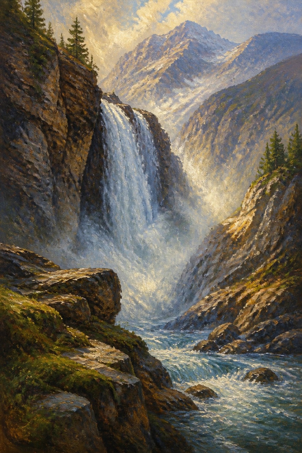 Majestic waterfall cascades down steep rocky cliffs into a rushing mountain river.