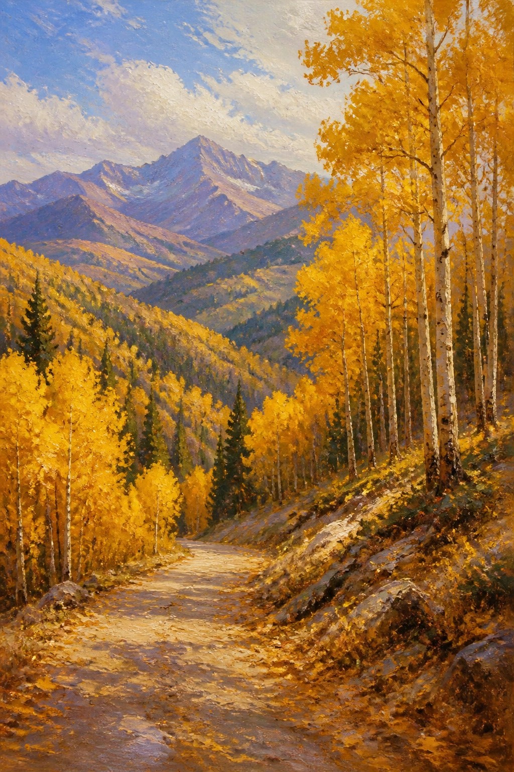 Golden aspens line a winding path through autumn mountains under blue skies