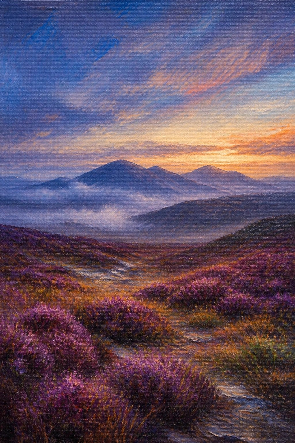 Sunset over misty mountains with purple heather hills and winding path