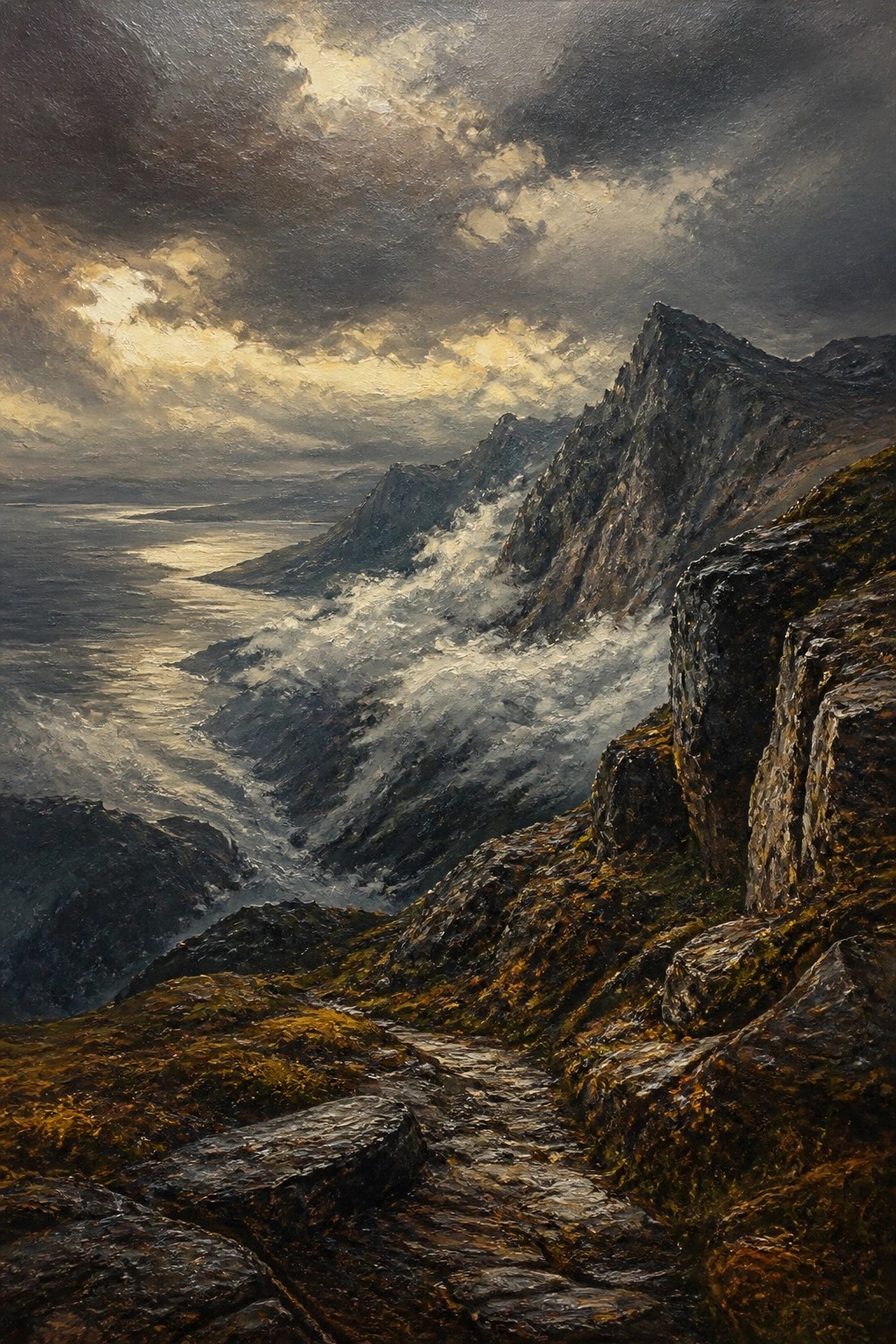 Rugged mountain path overlooking misty fjord beneath stormy sky with golden light