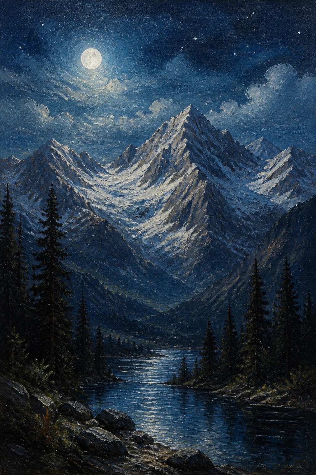 A realistic oil painting of snow-capped mountains at night under a full moon, with a river in the foreground and pine trees along the banks.