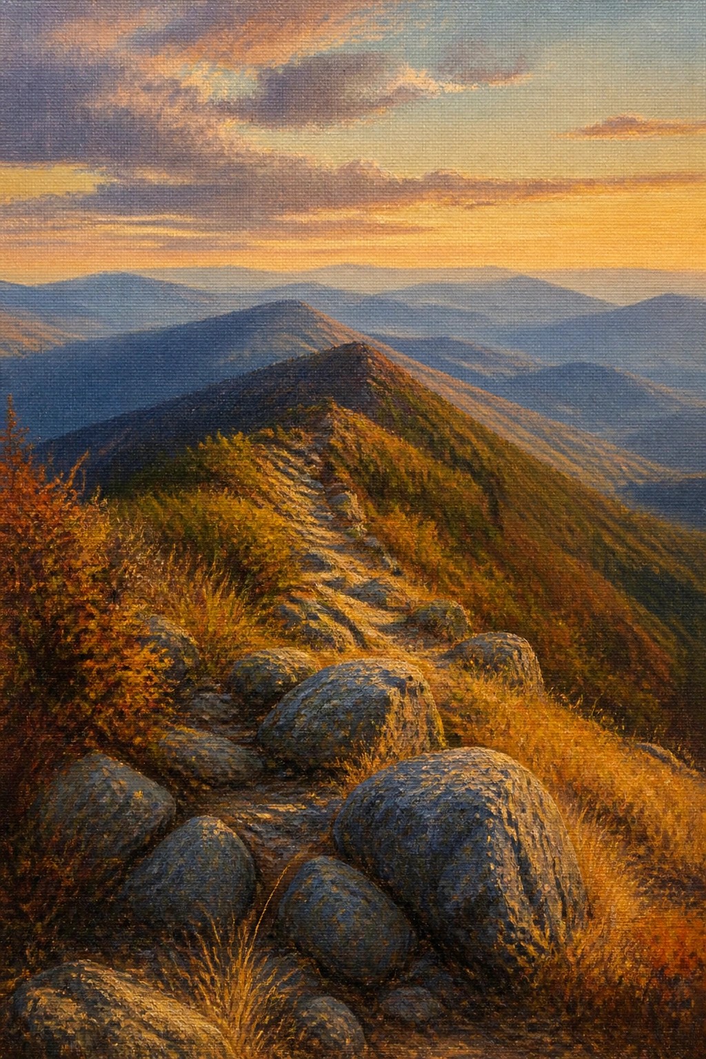 A realistic oil painting of a rocky mountain trail at sunset with golden light on the path and layered blue mountains in the background.