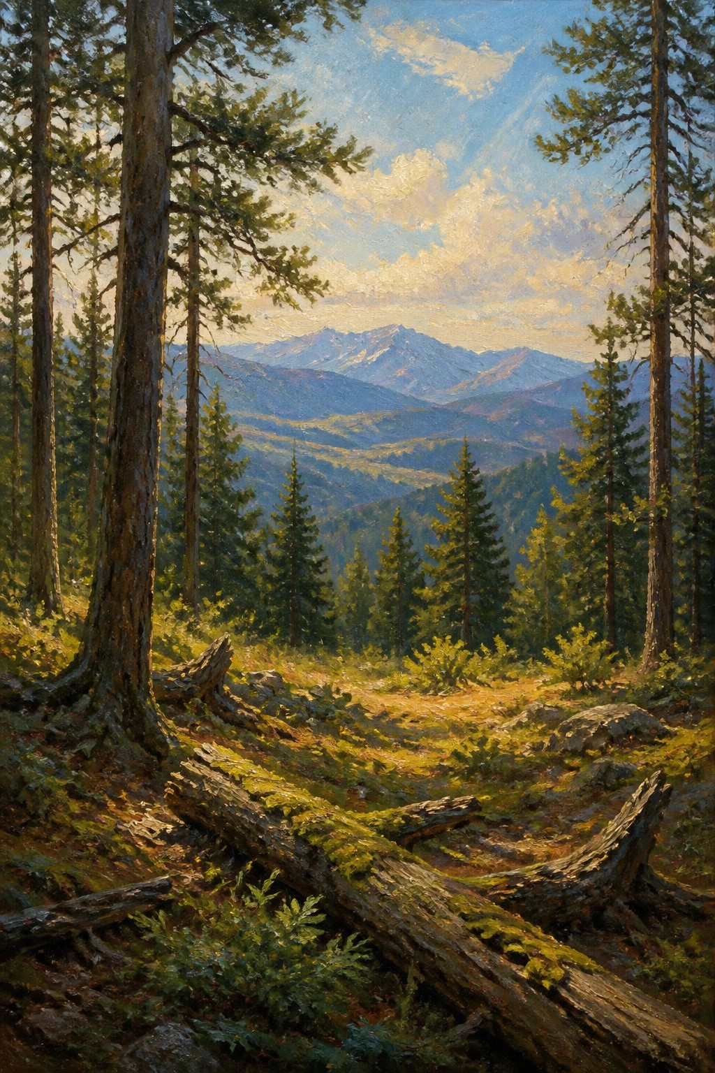 Sunlit pine forest with fallen logs overlooking distant mountain range under blue sky.