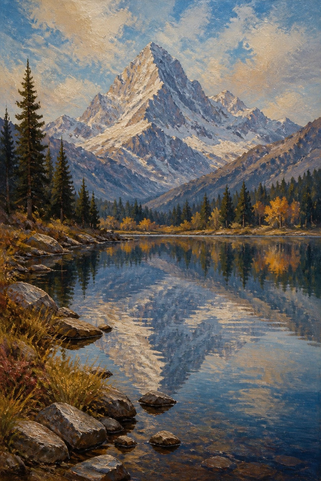Snowy mountain peaks reflected in a calm lake with pine trees and rocks.