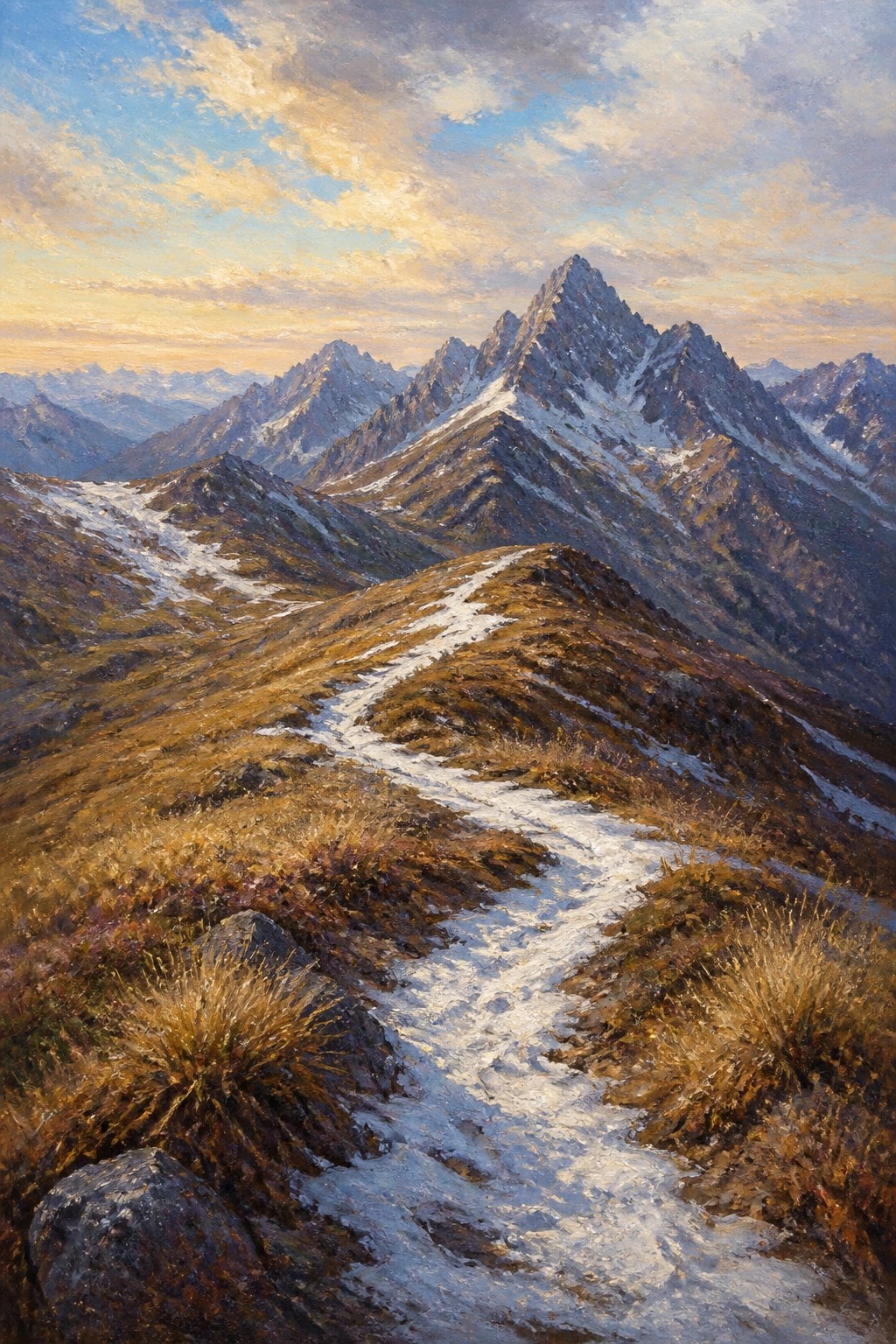 Winding snowy path ascending a ridge toward jagged snow-capped peaks at sunset.