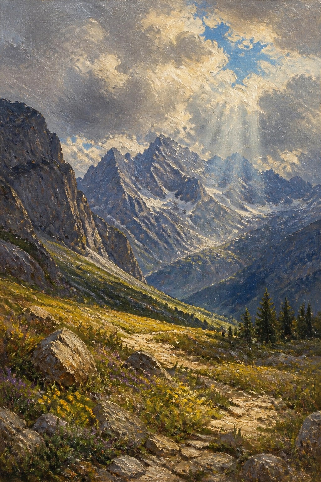 Dramatic mountain landscape with snow peaks, sunbeams through clouds, and rocky wildflower path.