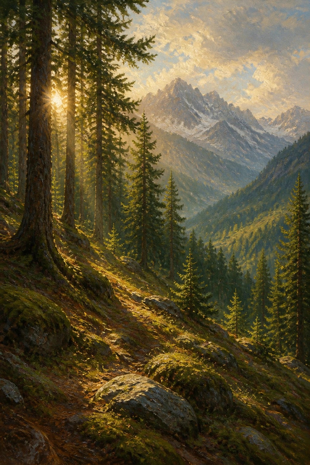 Sunlit pine forest on rocky slope with snow-capped mountains beyond