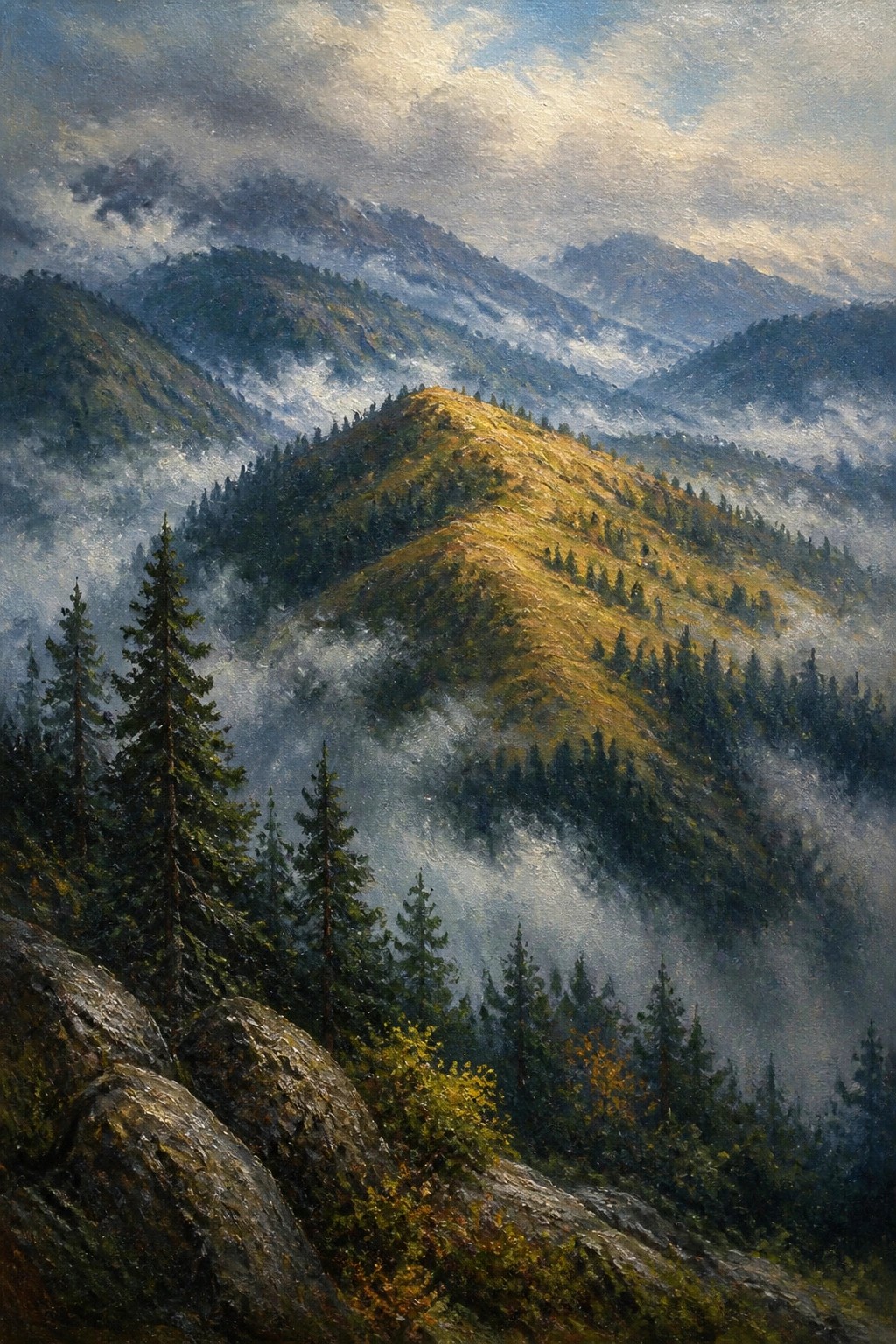 Fog-covered mountain ridges with pine forests, golden sunlight, and rocky foreground.