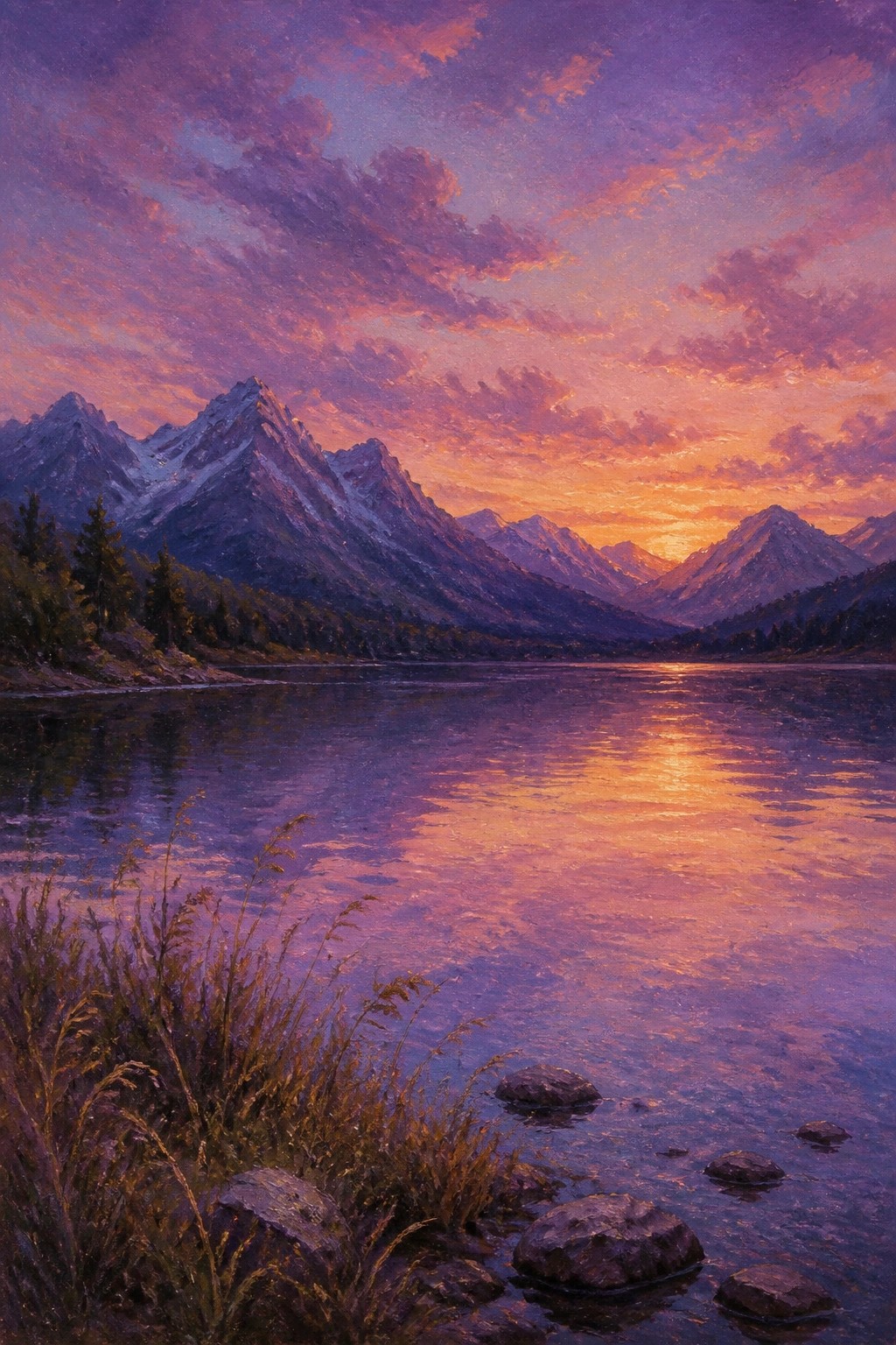 Vibrant purple-orange sunset over snow-capped mountains reflected in calm rocky lake.