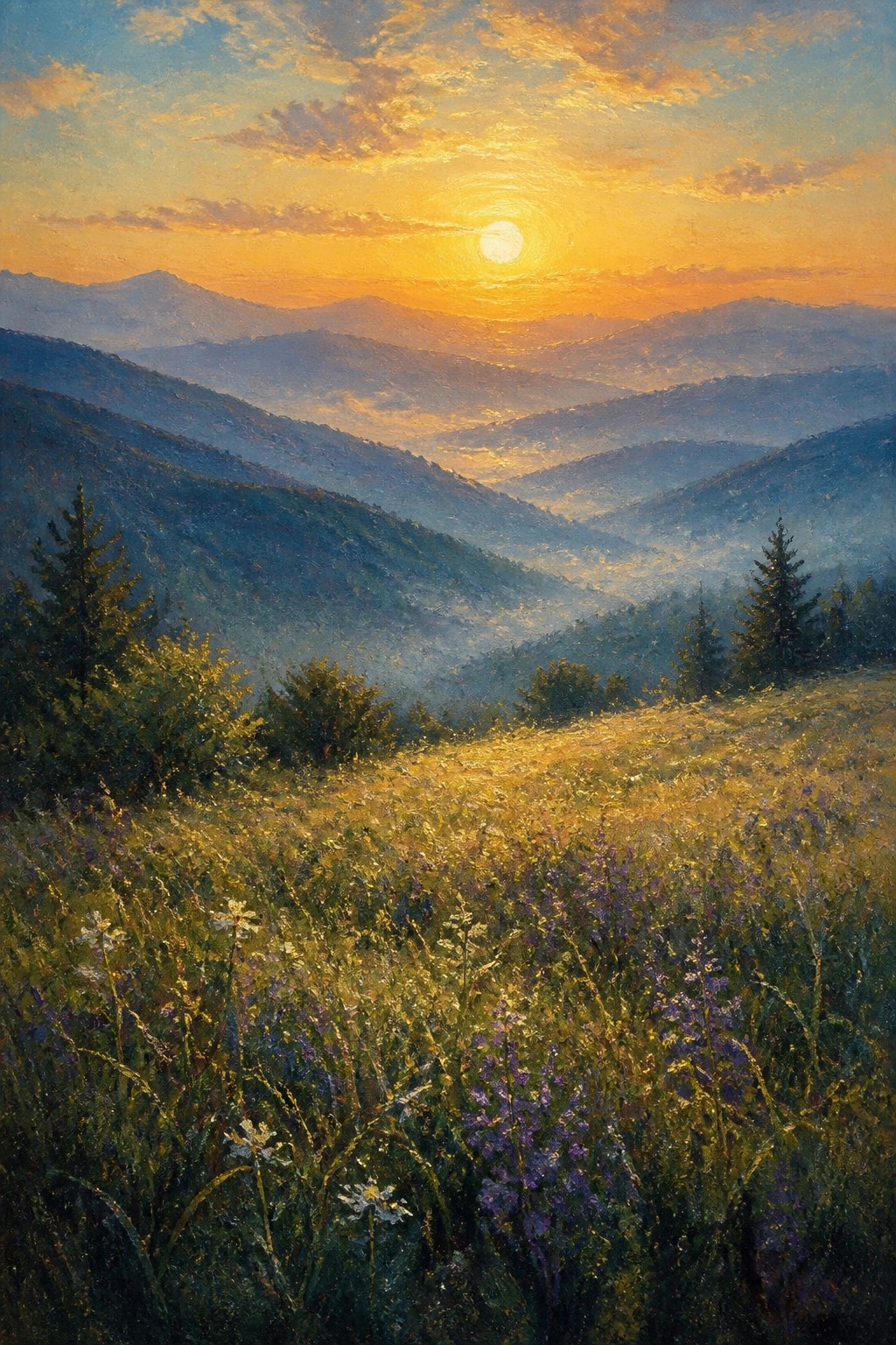 Golden sunset over misty mountains with vibrant wildflower meadow foreground.