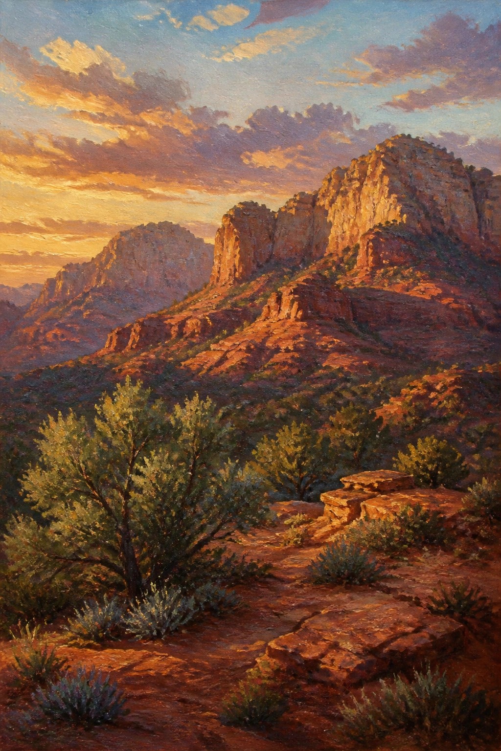 An oil painting of a sunset over rugged red rock mountains with a dirt path and shrubs in the foreground.