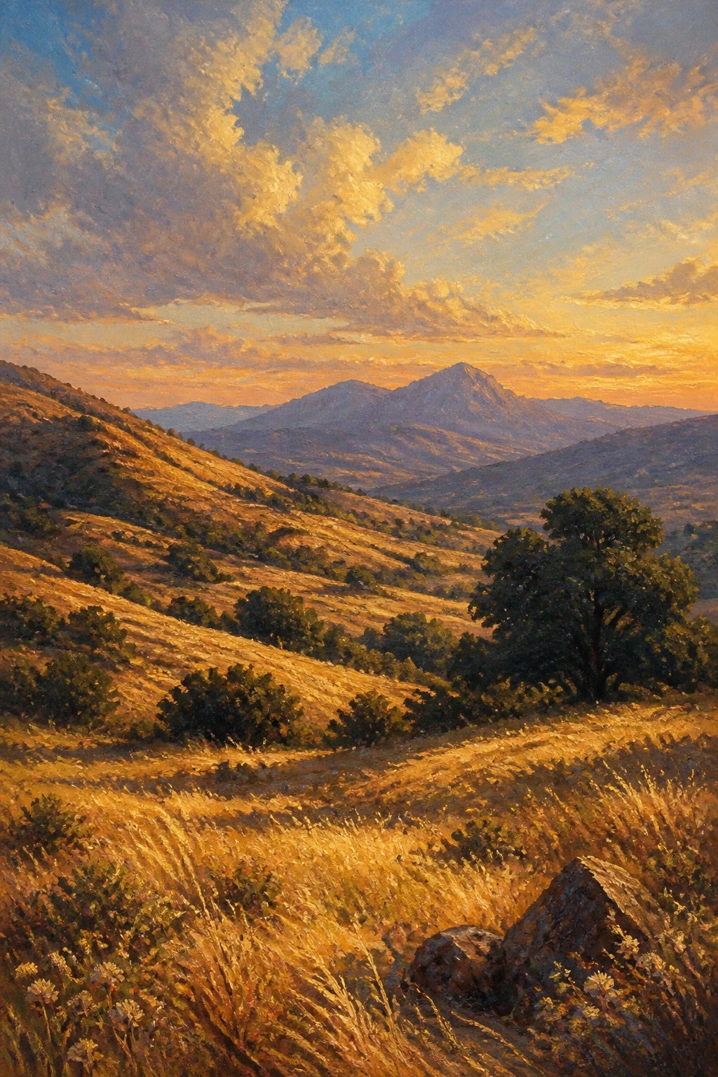 An oil painting of rolling golden hills with trees and rocks in the foreground, distant mountains, and a dramatic sunset sky filled with clouds.