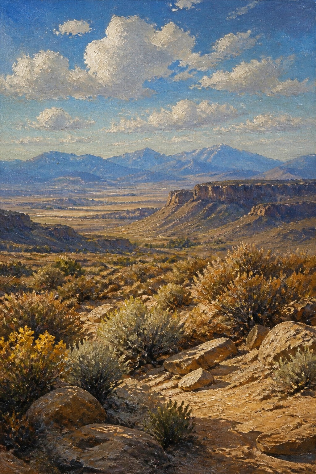 Expansive desert landscape with rocky cliffs, mountains, shrubs under cloudy blue sky.
