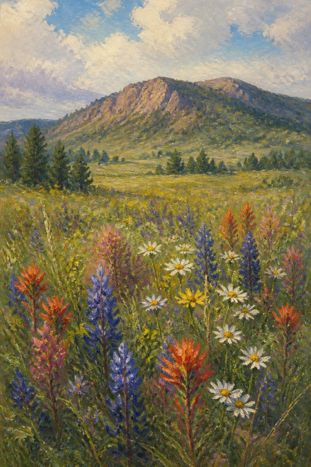 Vibrant wildflower meadow with blue, red, and white blooms before rocky mountains
