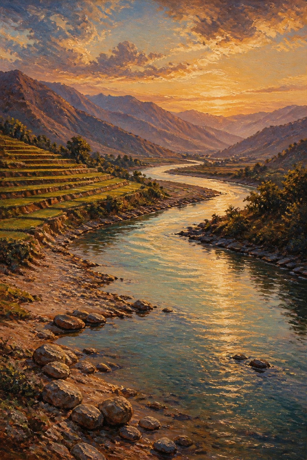 Winding river at sunset through mountains with terraced fields and rocky banks.