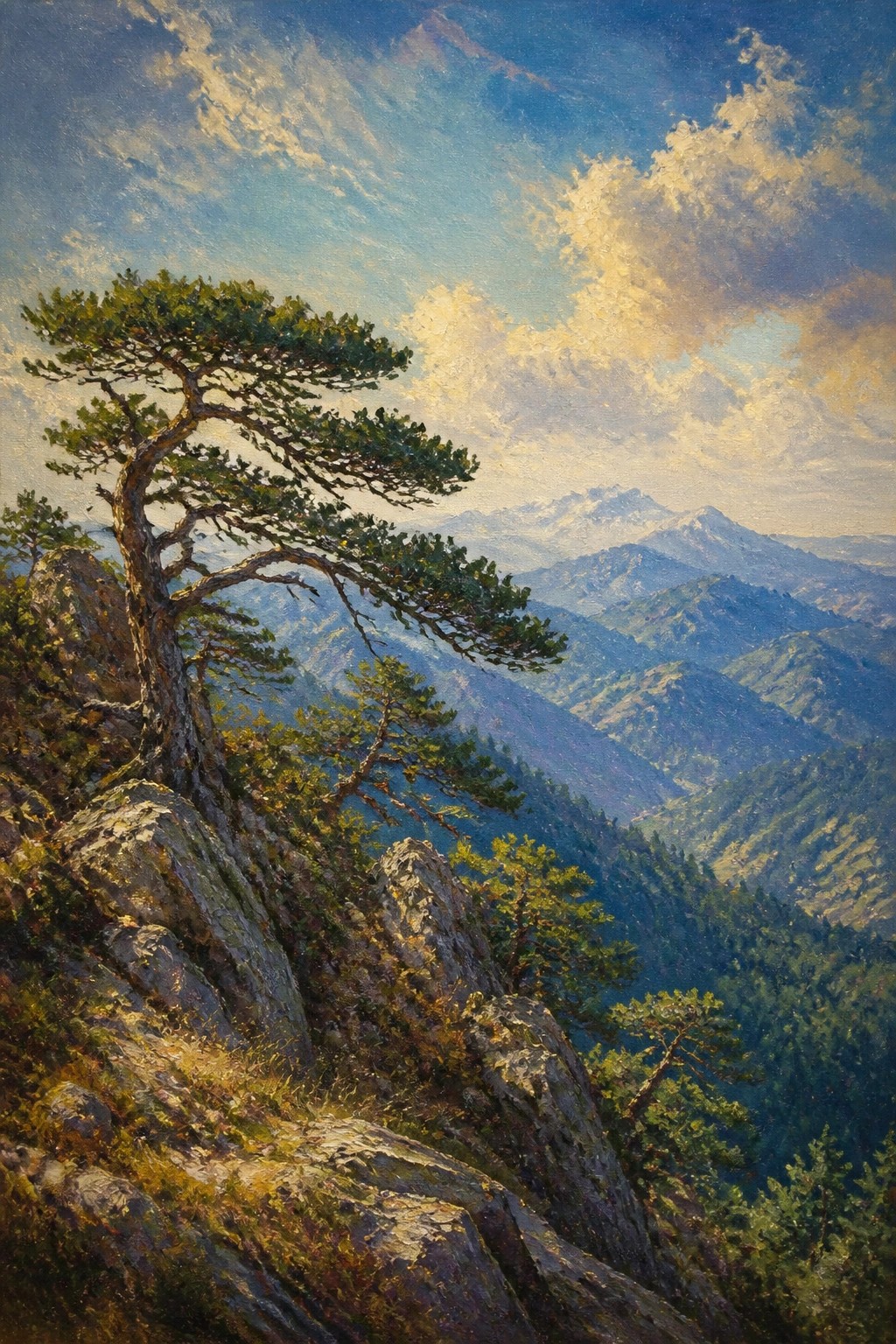 Gnarled pine tree on rocky cliff overlooking misty forested mountains and snow peaks
