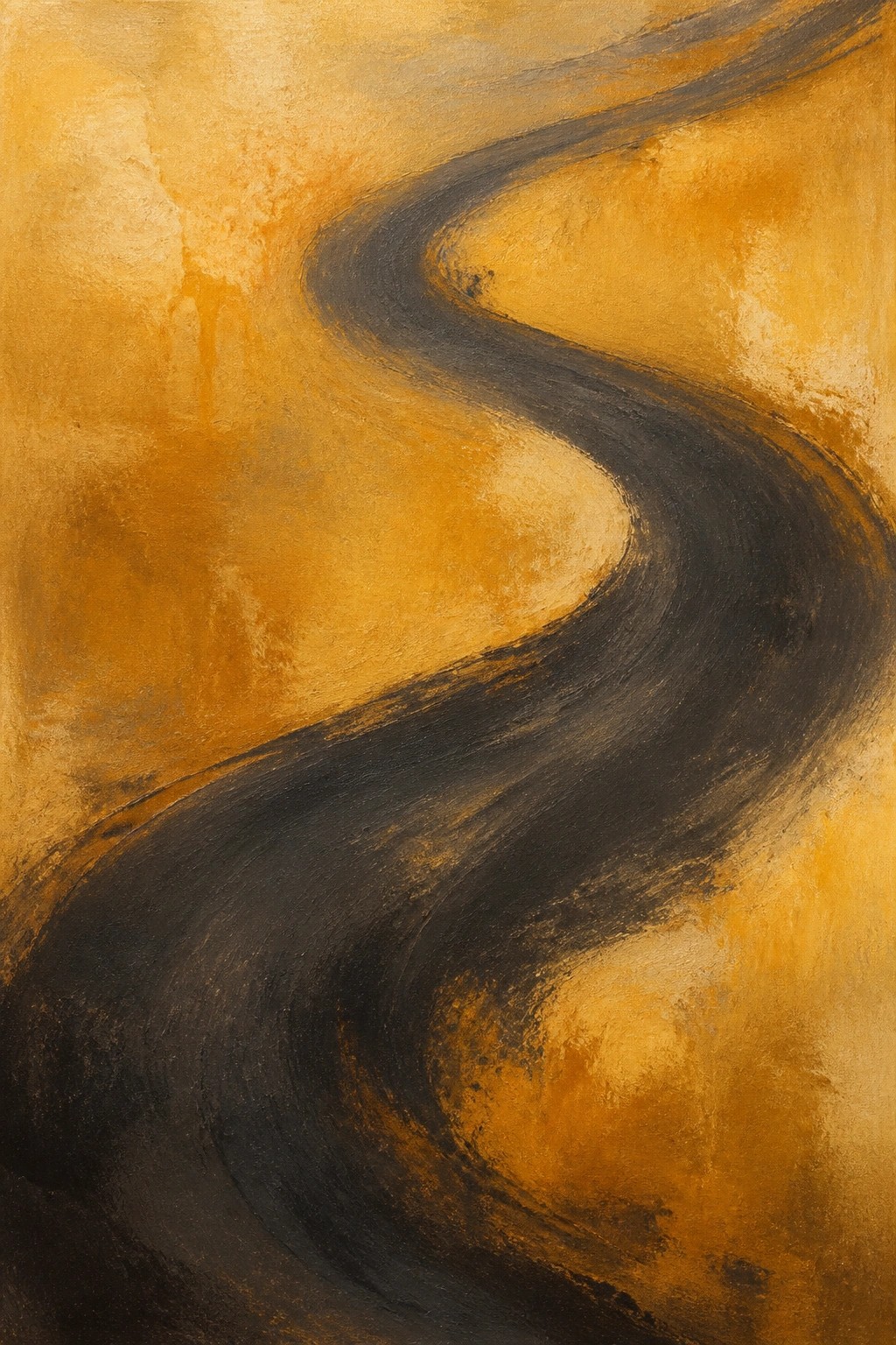 Abstract painting of winding black curve on textured golden yellow background
