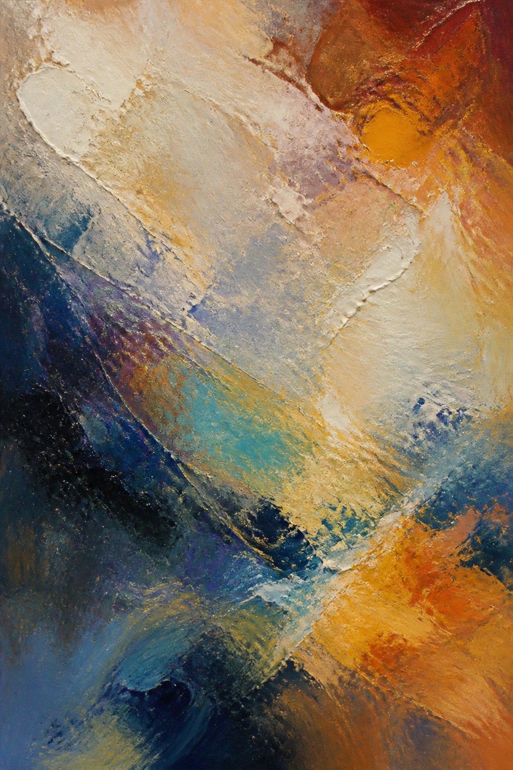 Abstract painting with thick textured brushstrokes in blue, orange, white, and gold hues