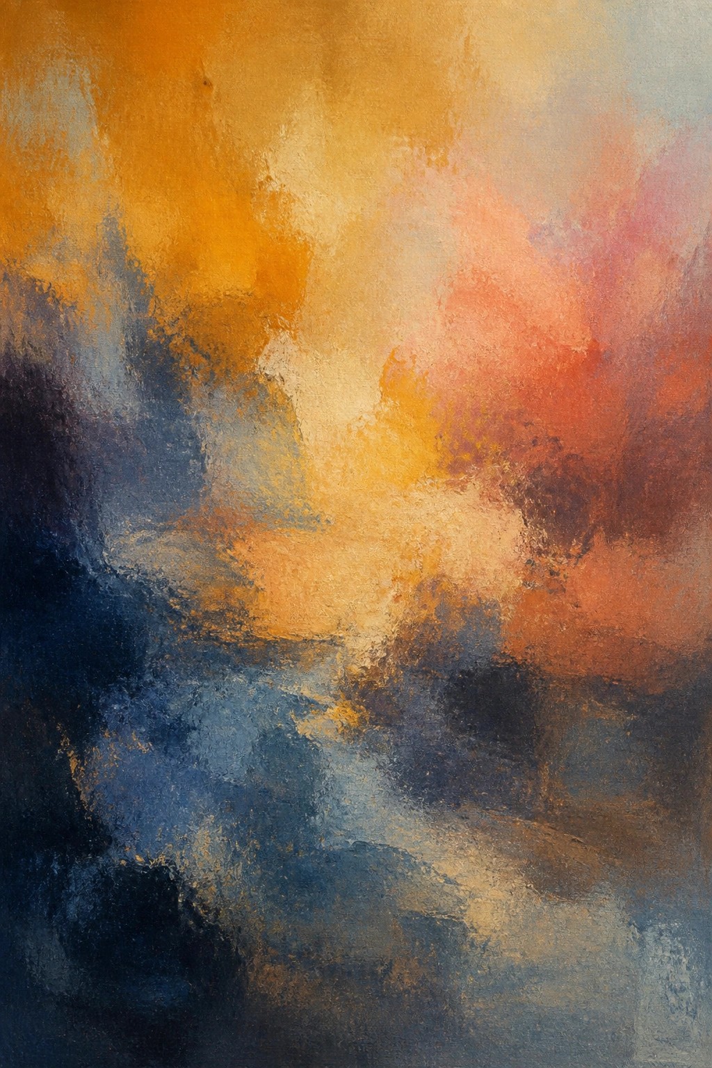 Abstract painting with vibrant orange, red, and deep blue swirling brushstrokes.